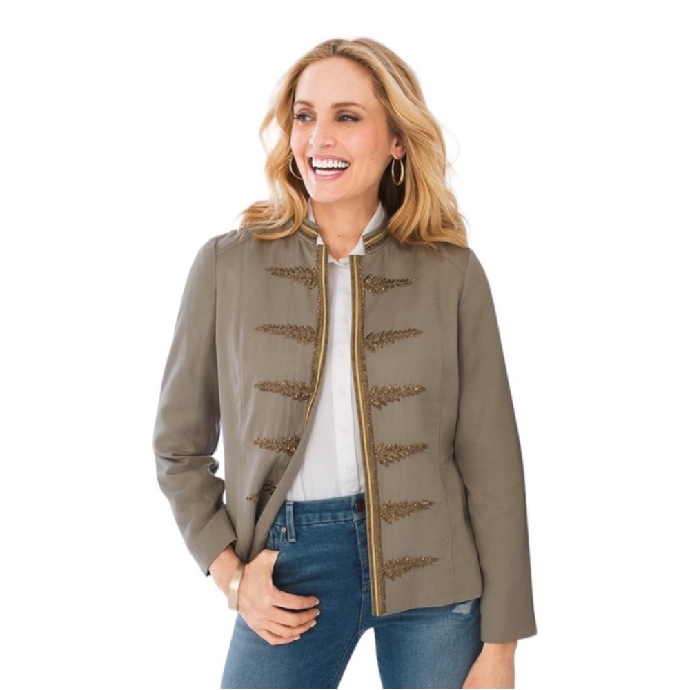 *SOLD* Chico’s Beaded Embellished Military Style Open Front Blazer Jacket